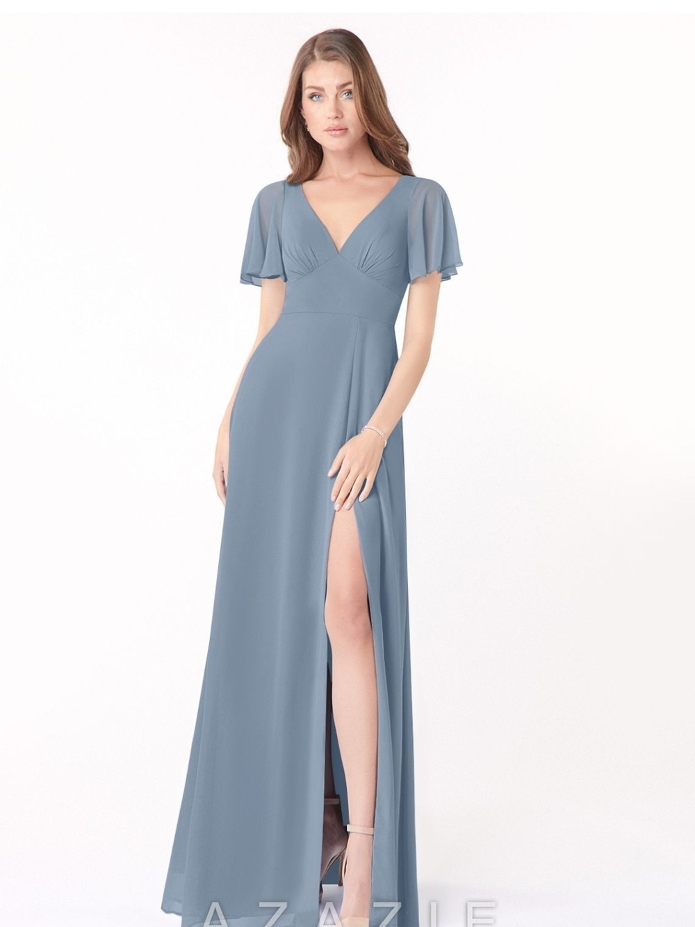 Azazie Kimber Dusty Blue A-Line Flounce Sleeve Chiffon Dress Sz 8